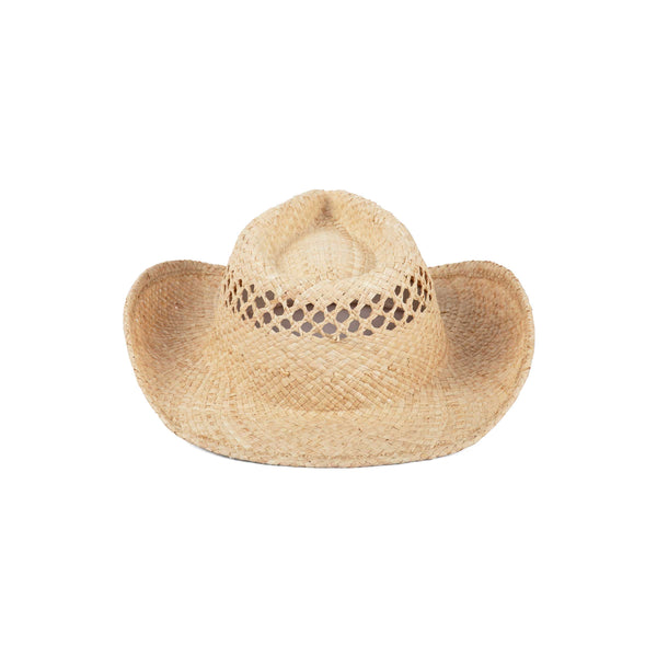 Natural straw cowboy hat with a wide brim and open weave design.