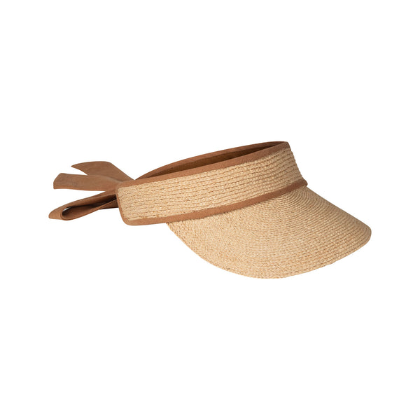 Linen Visor with adjustable ties and hand braided raffia brim