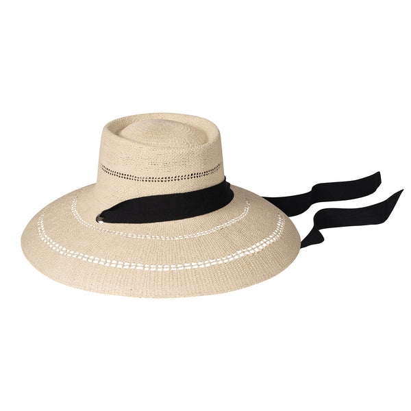Paloma Sun Hat - Lattice, handwoven with removable neckties, cream color, wide brim