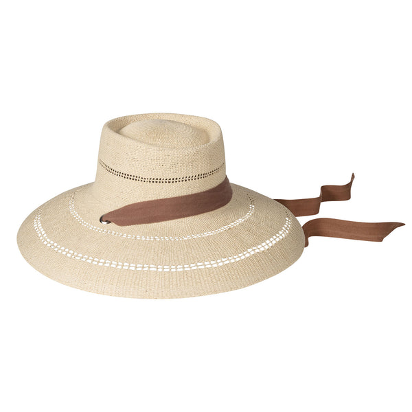 Paloma Sun Hat - Lattice, handwoven straw hat with brown necktie