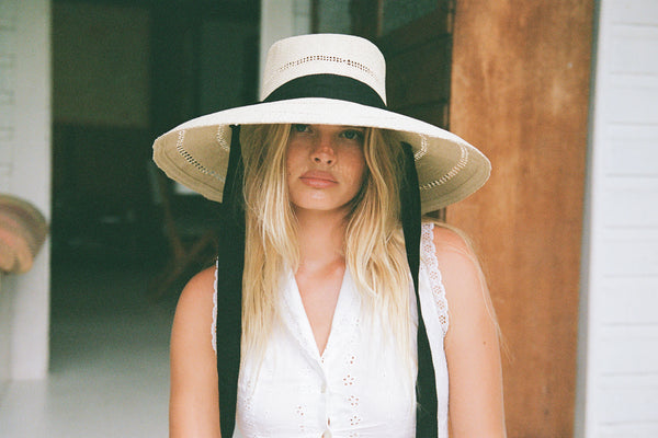 Paloma Sun Hat - Lattice, wide-brimmed straw hat with black neckties