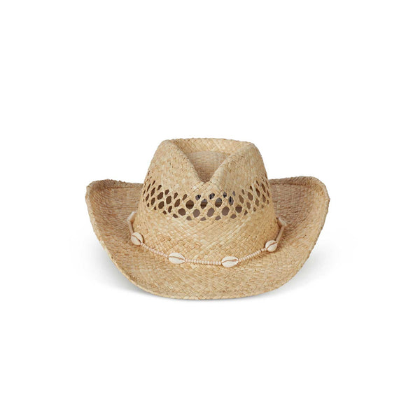 Raffia straw cowboy hat with seashells and custom beads, natural color