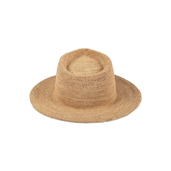 Natural raffia straw fedora hat with a wide brim