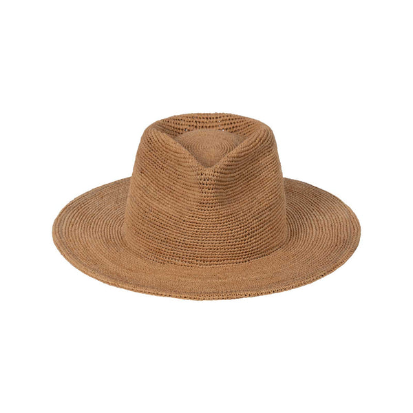 Tan raffia straw fedora hat with a wide brim