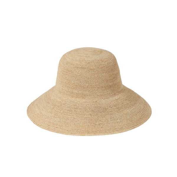 The Inca Sunhat, a hand-crocheted raffia straw bucket hat with a down brim, color may vary.