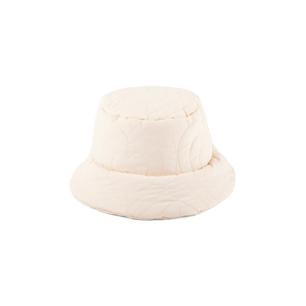 Cream puffer bucket hat with heart pattern detail
