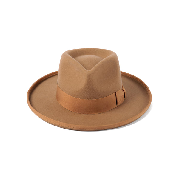 Teak brown classic fedora with grosgrain ribbon and flicked edge