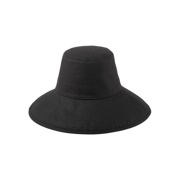 Black cotton canvas wide-brimmed holiday bucket hat with neck tie