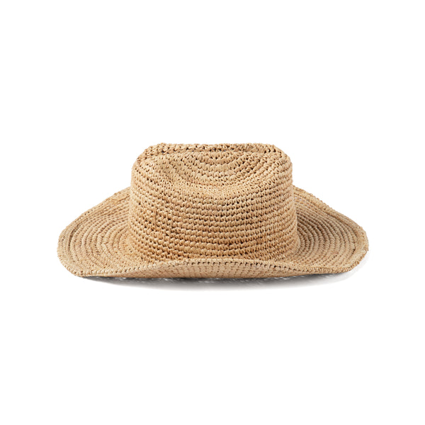 Raffia cowboy hat made from natural straw, featuring a wide brim and structured design.