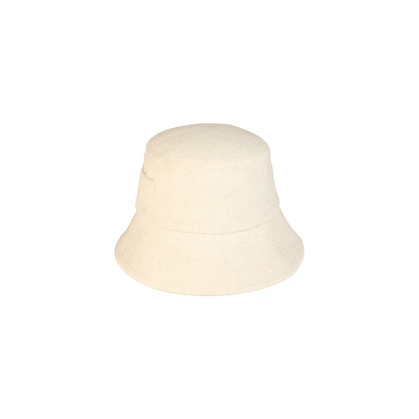 Kids Wave Bucket Hat made from 100% cotton terry cloth in beige, featuring a side pocket and neck tie.