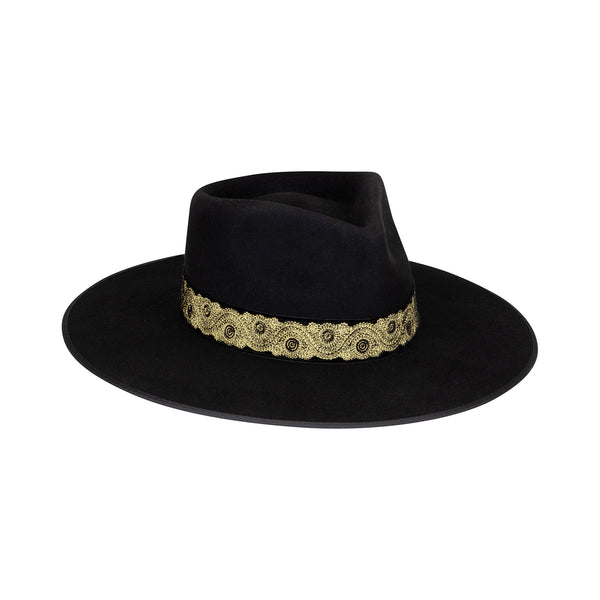 Noir Rancher - Wool Felt Fedora Hat (Black, Gold Ribbon  display picture 2