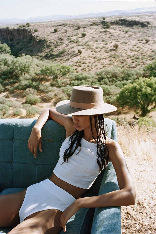 Brown top boater hat