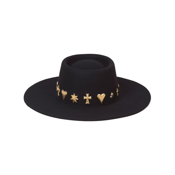 Celestial Boater Wool Felt Boater Hat in Black